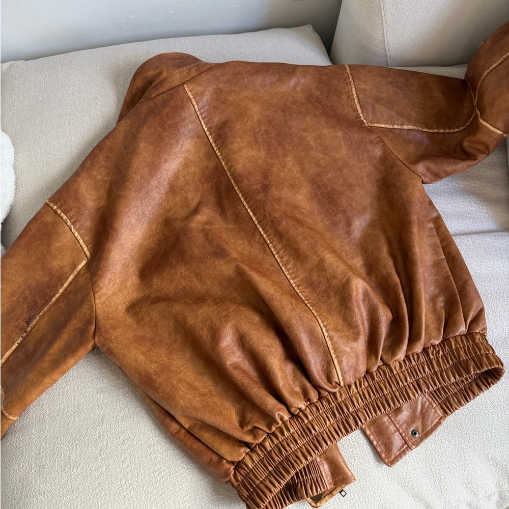 12th Tribe Cognac Faux Leather Bomber Jacket - Picture 3 of 3